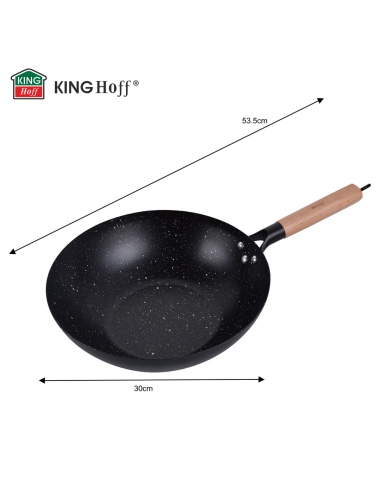 KINGHOFF PATELNIA WOK 30cm STAL WĘGLOWA POWŁOKA MARMURKOWA NIEPRZYWIERAJĄCA DREWNIANY UCHWYT