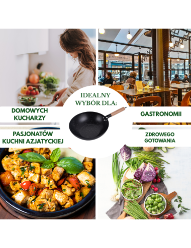 KINGHOFF PATELNIA WOK 30cm STAL WĘGLOWA POWŁOKA MARMURKOWA NIEPRZYWIERAJĄCA DREWNIANY UCHWYT