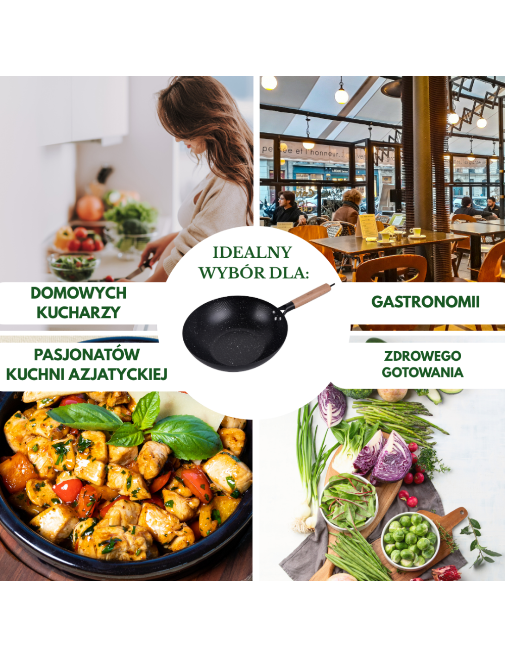 KINGHOFF PATELNIA WOK 30cm STAL WĘGLOWA POWŁOKA MARMURKOWA NIEPRZYWIERAJĄCA DREWNIANY UCHWYT