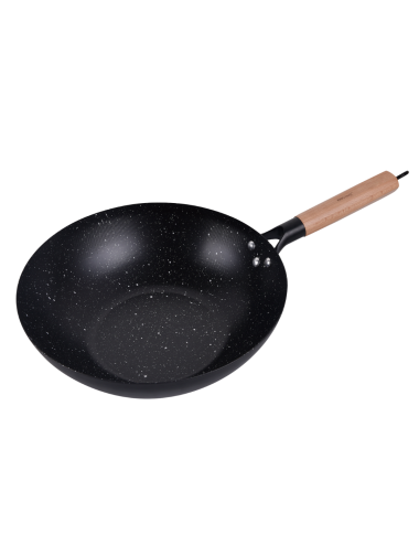 KINGHOFF PATELNIA WOK 30cm STAL WĘGLOWA POWŁOKA MARMURKOWA NIEPRZYWIERAJĄCA DREWNIANY UCHWYT