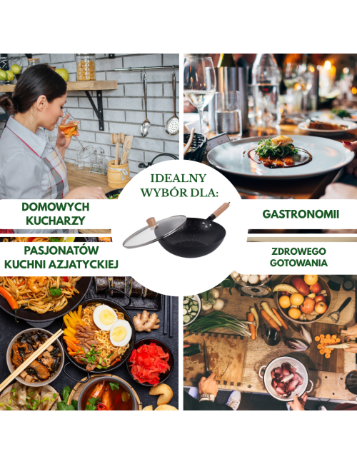 KINGHOFF PATELNIA WOK 30cm Z POKRYWKĄ STAL WĘGLOWA POWŁOKA MARMURKOWA NIEPRZYWIERAJĄCA DREWNIANY UCHWYT