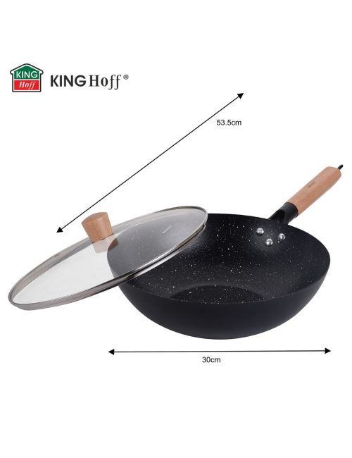 KINGHOFF PATELNIA WOK 30cm Z POKRYWKĄ STAL WĘGLOWA POWŁOKA MARMURKOWA NIEPRZYWIERAJĄCA DREWNIANY UCHWYT