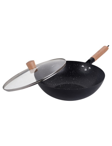 KINGHOFF PATELNIA WOK 30cm Z POKRYWKĄ STAL WĘGLOWA POWŁOKA MARMURKOWA NIEPRZYWIERAJĄCA DREWNIANY UCHWYT