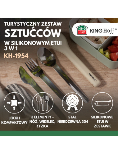 KINGHOFF SZTUĆCE TURYSTYCZNE ZESTAW 3w1 ZE STALI NIERDZEWNEJ W SILIKONOWYM ETUI