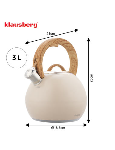 KLAUSBERG CZAJNIK STALOWY 3L BEŻOWY MAT Z UCHWYTEM DREWNOPODOBNYM