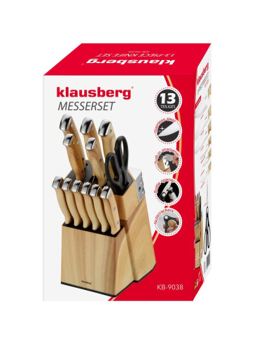 KLAUSBERG NOŻE KUCHENNE ZESTAW 13 ELEMENTÓW Z OSTRZAŁKĄ I STOJAKIEM STAL NIERDZEWNA
