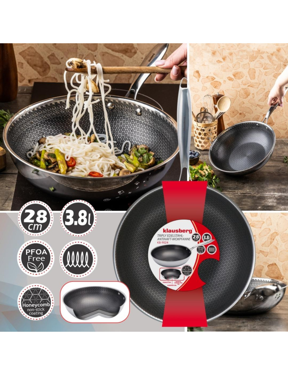 KLAUSBERG PATELNIA 28cm POWŁOKA NON-STICK HONEYCOMB 3-WARSTWY STAL 304 PFOA-FREE