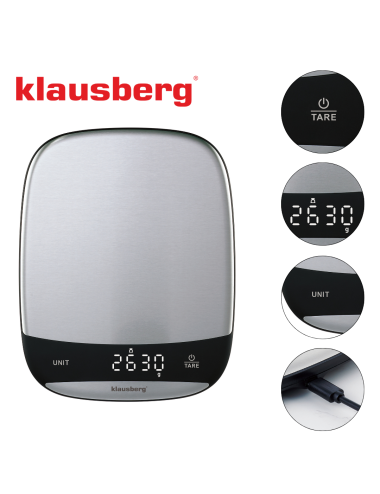 KLAUSBERG WAGA KUCHENNA LED 10kg DOKŁADNOŚĆ 1g USB-C TAROWANIE