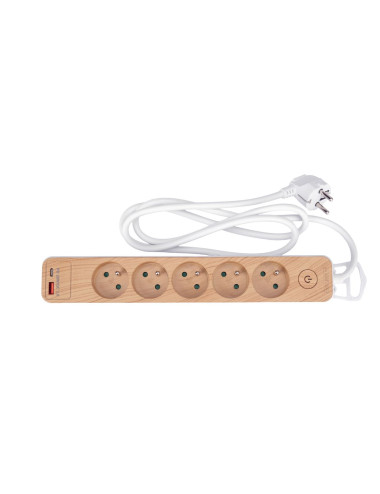 STHOR PRZEDŁUŻACZ Z USB DREWNO 5G Z/U 1,4M