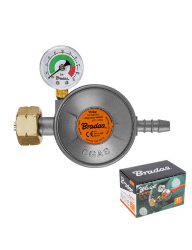 BRADAS REDUKTOR GAZOWY Z MANOMETREM I ZAWOREM BEZPIECZEŃSTWA EFV 37 mbar / 1,5 kg/h / 9 mm / PUDEŁKO