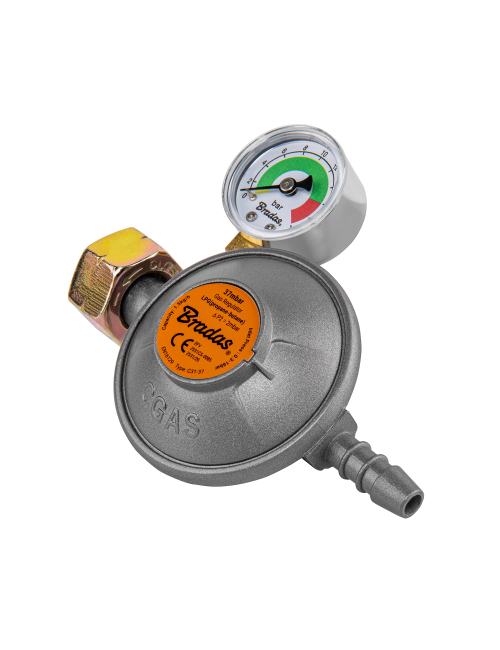 BRADAS REDUKTOR GAZOWY Z MANOMETREM I ZAWOREM BEZPIECZEŃSTWA EFV 37 mbar / 1,5 kg/h / 9 mm / PUDEŁKO