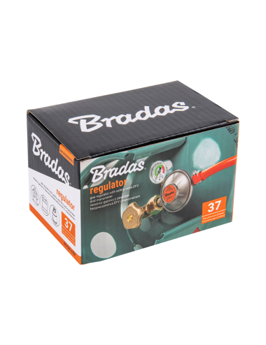 BRADAS REDUKTOR GAZOWY Z MANOMETREM I ZAWOREM BEZPIECZEŃSTWA EFV 37 mbar / 1,5 kg/h / 9 mm / PUDEŁKO