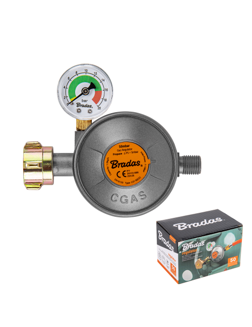 BRADAS REDUKTOR GAZOWY Z MANOMETREM I ZAWOREM BEZPIECZEŃSTWA EFV 50 mbar 1,5 kg/h G1/4" -LH PUDEŁKO