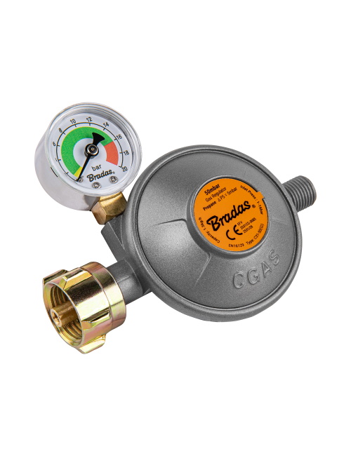 BRADAS REDUKTOR GAZOWY Z MANOMETREM I ZAWOREM BEZPIECZEŃSTWA EFV 50 mbar 1,5 kg/h G1/4" -LH PUDEŁKO