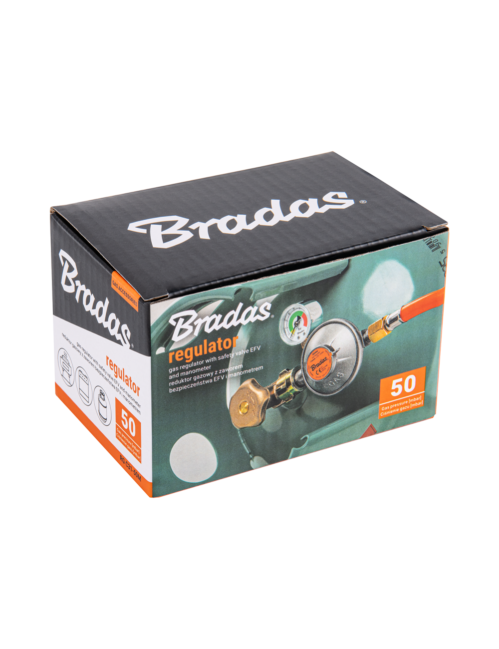 BRADAS REDUKTOR GAZOWY Z MANOMETREM I ZAWOREM BEZPIECZEŃSTWA EFV 50 mbar 1,5 kg/h G1/4" -LH PUDEŁKO