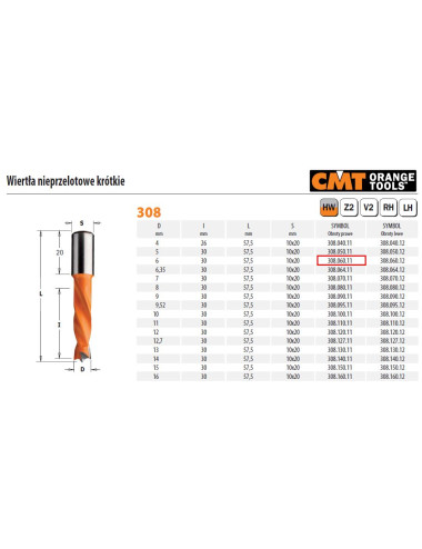 CMT WIERTŁO HW NP D 6 I 30 L 57,5 S 10x