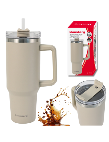 KLAUSBERG KUBEK TERMICZNY ZE SŁOMKĄ BEŻOWY 1100ml STAL NIERDZEWNA