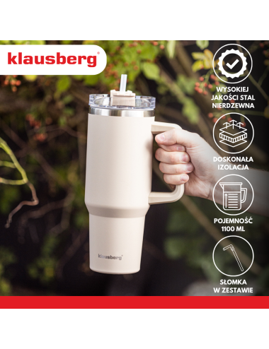 KLAUSBERG KUBEK TERMICZNY ZE SŁOMKĄ BEŻOWY 1100ml STAL NIERDZEWNA