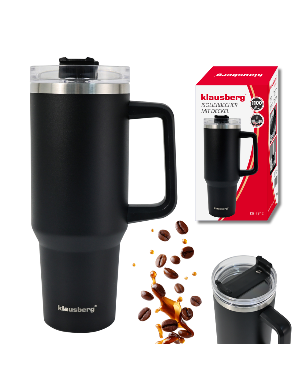 KLAUSBERG KUBEK TERMICZNY ZE SŁOMKĄ CZARNY 1100ml STAL NIERDZEWNA