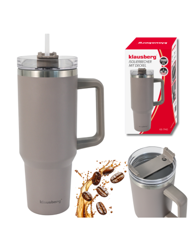 KLAUSBERG KUBEK TERMICZNY ZE SŁOMKĄ SZARY 1100ml STAL NIERDZEWNA