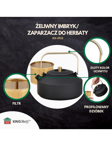 KINGHOFF IMBRYK ŻELIWNY Z SITKIEM 1L CZARNY ZE ZŁOTYMI ELEMENTAMI, EMALIOWANE WNĘTRZE