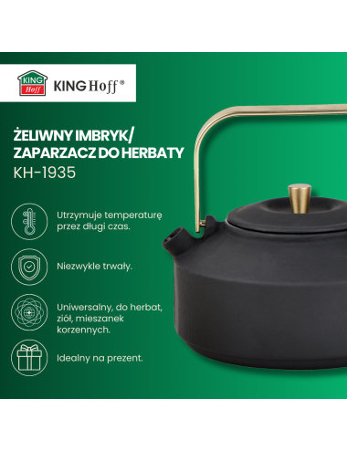 KINGHOFF IMBRYK ŻELIWNY Z SITKIEM 1L CZARNY ZE ZŁOTYMI ELEMENTAMI, EMALIOWANE WNĘTRZE