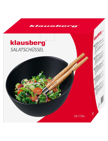KLAUSBERG MISA CERAMICZNA DO SAŁAT CZARNA Z ZESTAWEM STALOWYCH ŁYŻEK Z DREWNIANYMI UCHWYTAMI