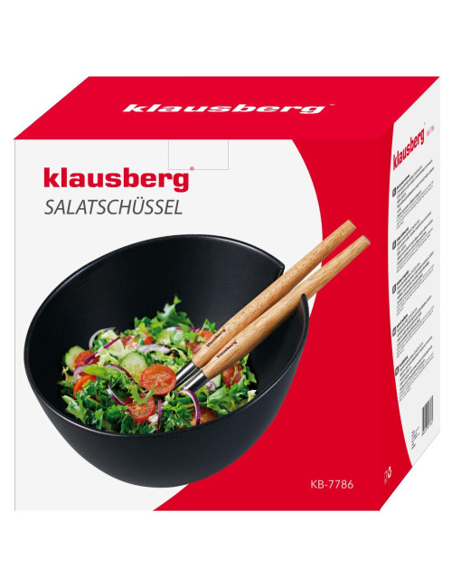 KLAUSBERG MISA CERAMICZNA DO SAŁAT CZARNA Z ZESTAWEM STALOWYCH ŁYŻEK Z DREWNIANYMI UCHWYTAMI