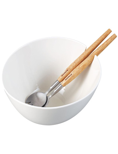 KLAUSBERG MISA CERAMICZNA DO SAŁAT BIAŁA Z ZESTAWEM STALOWYCH ŁYŻEK Z DREWNIANYMI UCHWYTAMI