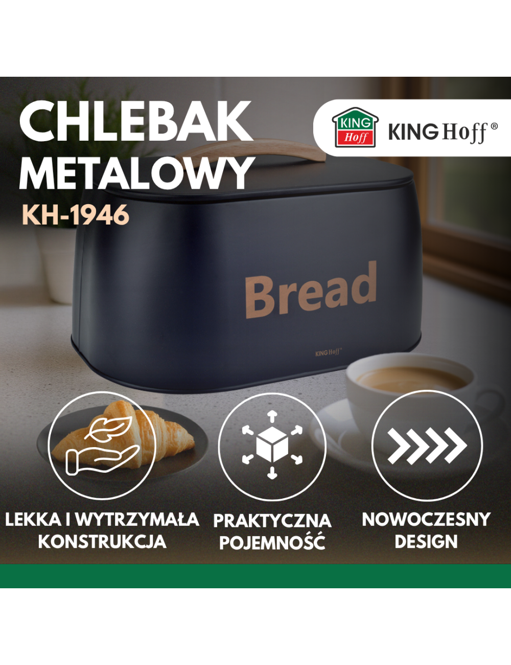 KINGHOFF CHLEBAK METALOWY DREWNIANY UCHWYT 34x24x18,5cm CZARNY