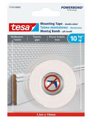 TESA TAŚMA DWUSTRONNA POWERBOND 1,5m x 19mm  NA TAPETY I TYNK