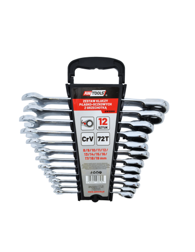 AWTOOLS KLUCZE PŁASKO-OCZKOWE Z GRZECHOTKĄ KOMPLET 12 szt. 8-19 mm
