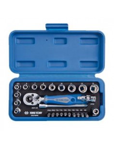 KING TONY ZESTAW NARZĘDZI 1/4" 27cz. NASADKI KRÓTKIE, 6-kąt. 4 - 14mm Z GRZECHOTKĄ I AKCESORIAMI