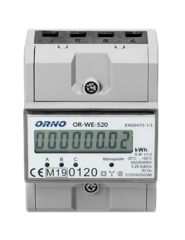 ORNO 3-fazowy licznik energii elektrycznej, 80A, MID, 3 moduły, DIN TH-35mm