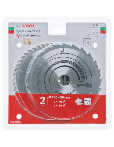 BOSCH PIŁA TARCZOWA DWUPAK OPTILINE WOOD 190x2,6/1,6x30x48z + SPEEDLINE WOOD 190x2,4/1,8x30x24z