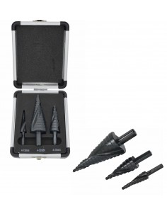 AW WIERTŁO STOPNIOWE SPIRALNE KPL. 3szt./ 4-12 4-20 4-32mm/ AICrN/ CZARNE/ ETUI PLASTIK.