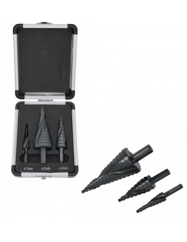 AW WIERTŁO STOPNIOWE SPIRALNE KPL. 3szt./ 4-12 4-20 4-32mm/ AICrN/ CZARNE/ ETUI PLASTIK.