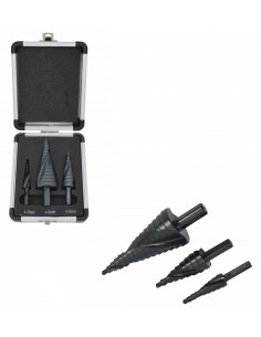 AW WIERTŁO STOPNIOWE SPIRALNE KPL. 3szt./ 4-12 4-20 4-39mm/ AICrN/ CZARNE/ ETUI PLASTIK.