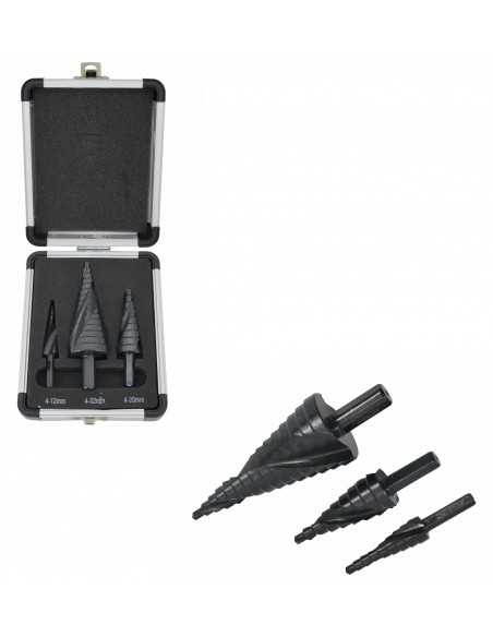 AW WIERTŁO STOPNIOWE SPIRALNE KPL. 3szt./ 4-12 4-20 4-39mm/ AICrN/ CZARNE/ ETUI PLASTIK.