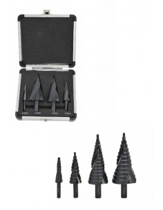 AW WIERTŁO STOPNIOWE SPIRALNE KPL. 4szt./ 4-12 4-20 4-32 4-39mm/ AICrN/ CZARNE/ ETUI PLASTIK