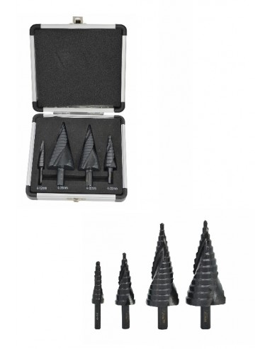 AW WIERTŁO STOPNIOWE SPIRALNE KPL. 4szt./ 4-12 4-20 4-32 4-39mm/ AICrN/ CZARNE/ ETUI PLASTIK