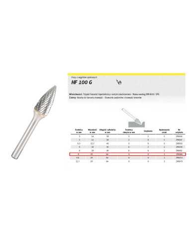 KLINGSPOR FREZ DO METALU HF 100 G FI=8,0x19mm TRZPIEŃ 6mm TYP SPG, HIPERBOLICZNY-SZPIC