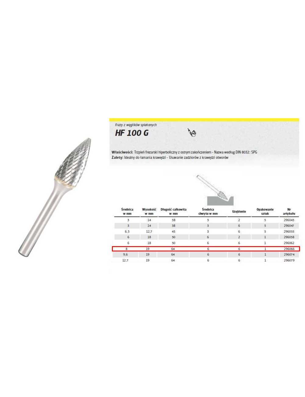 KLINGSPOR FREZ DO METALU HF 100 G FI=8,0x19mm TRZPIEŃ 6mm TYP SPG, HIPERBOLICZNY-SZPIC