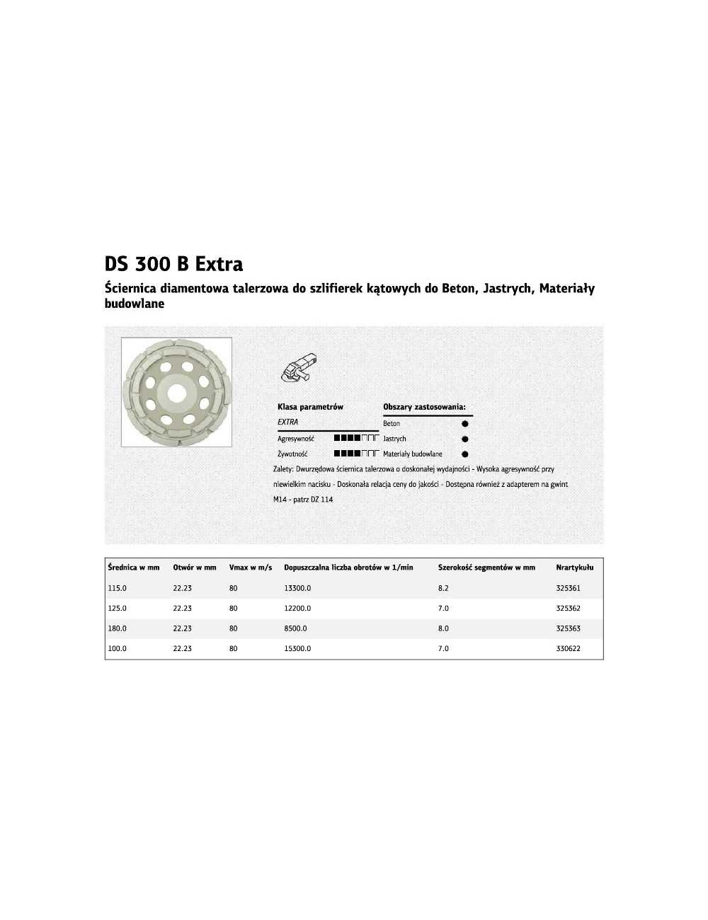 KLINGSPOR TARCZA DIAMENTOWA DO SZLIFOWANIA BETONU, DS300B 125mm x 22,2mm SEGMENTOWA