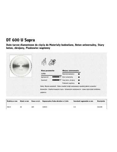KLINGSPOR TARCZA DIAMENTOWA SEGMENTOWA 350mm x 3,0mm x 20mm SUPRA DT600U, BETON ZBROJONY