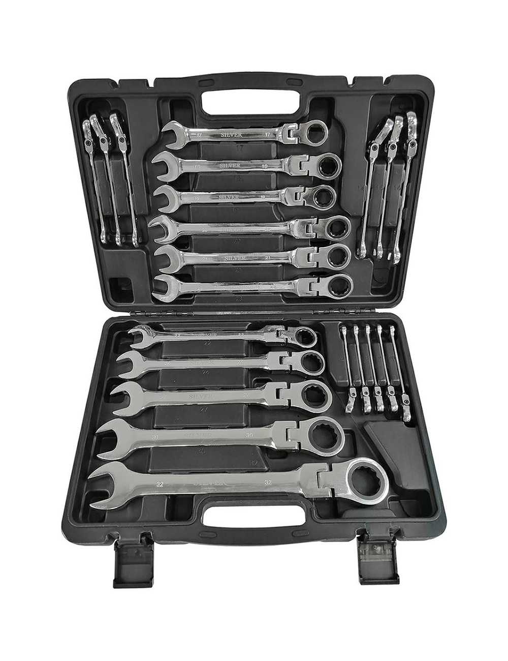 Klucze Płasko Oczkowe z Grzechotką Łamaną 6-32mm 22el SILVER