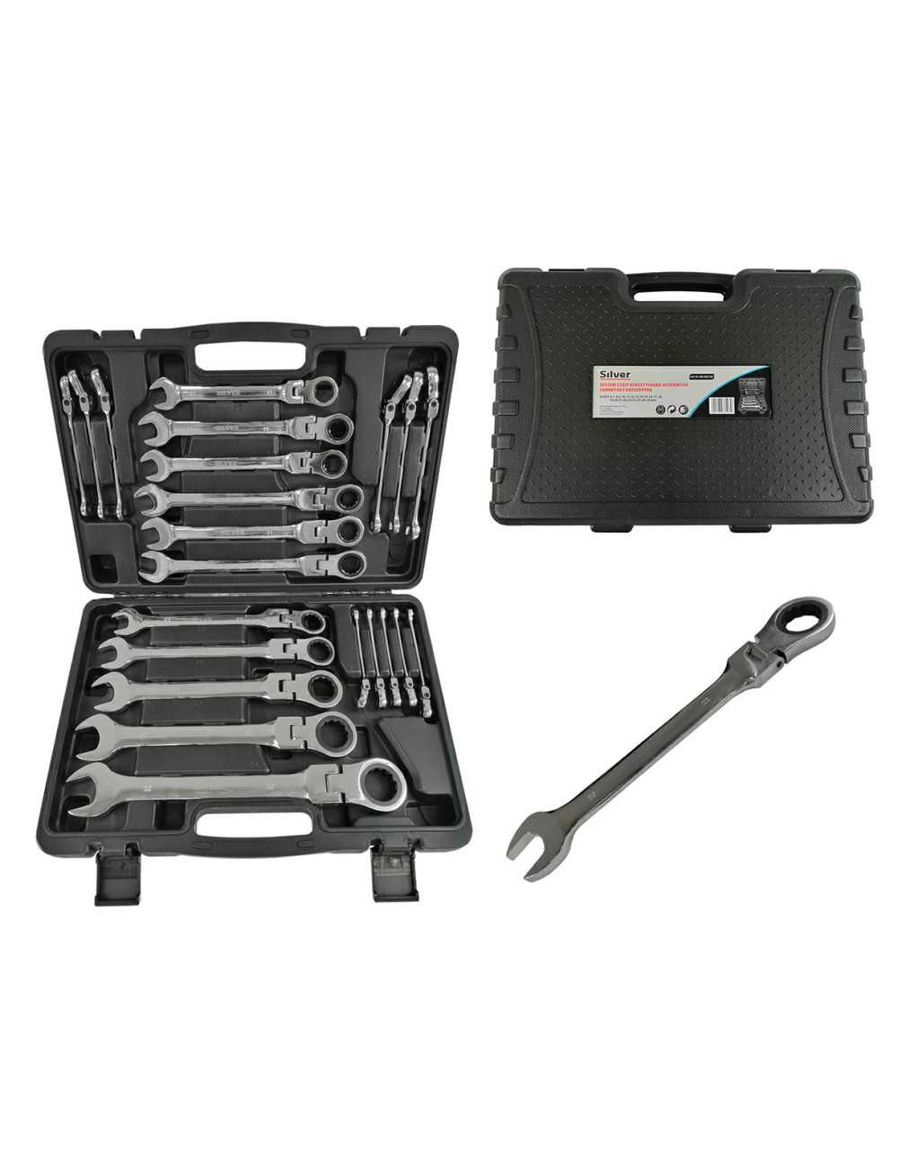 Klucze Płasko Oczkowe z Grzechotką Łamaną 6-32mm 22el SILVER