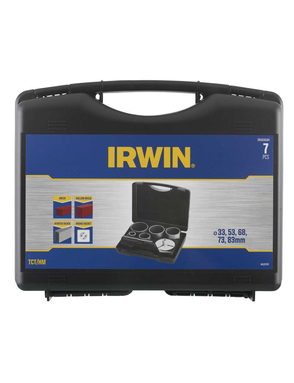 IRWIN OTWORNICA TCT HM  KOMPLET  7szt. 33, 53, 67, 73 i 83mm z trzpieniem mocującym i wiertłem centrują