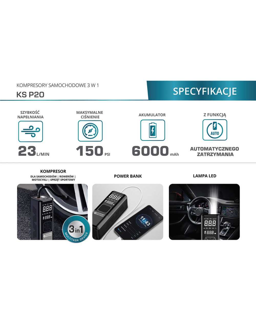 KONNER &amp; SOHNEN KOMPRESOR AKUMULATOROWY 3 w 1 P20