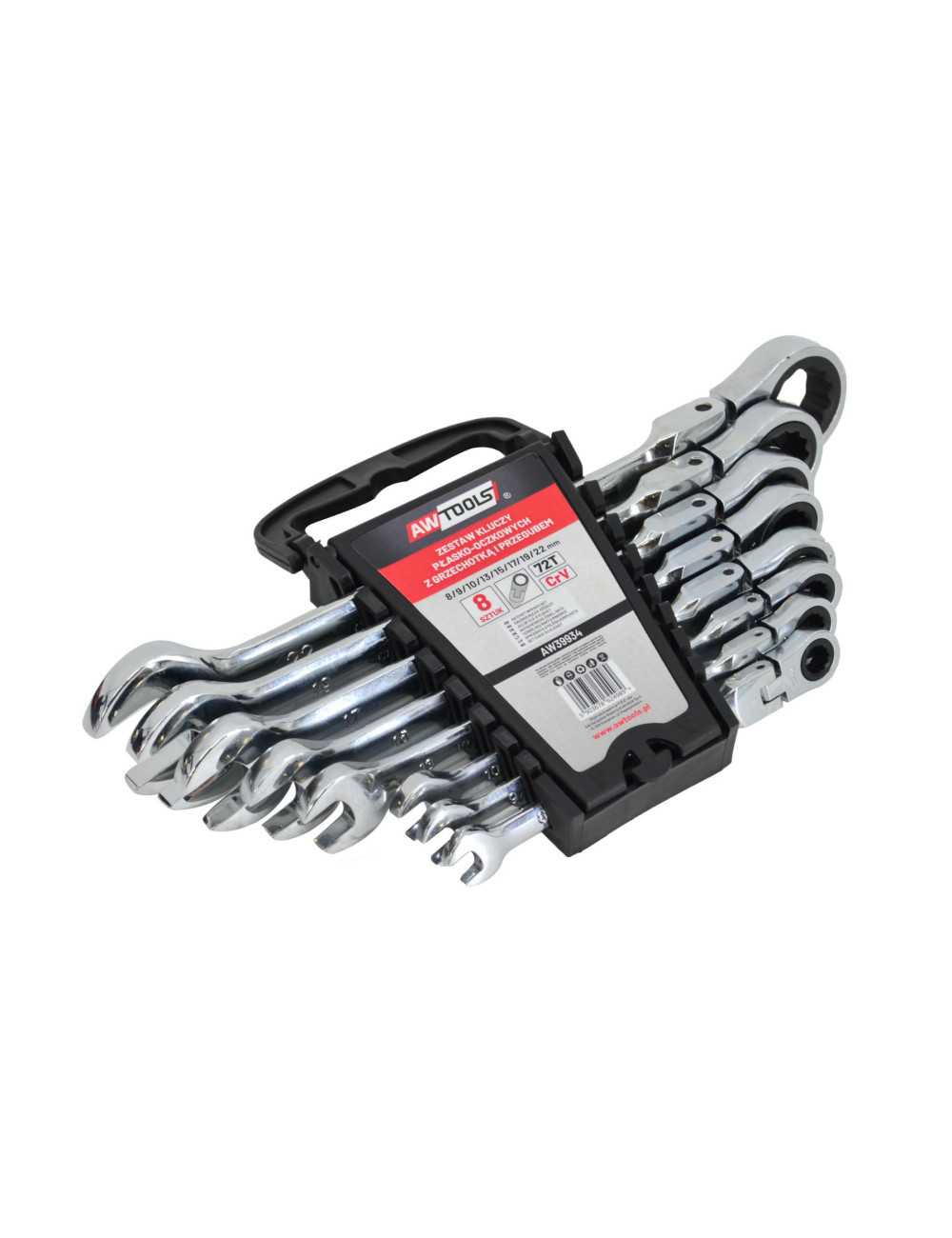 AWTOOLS KLUCZE PŁASKO-OCZKOWE Z GRZECHOTKĄ PRZEGUBOWE KOMPLET 8 szt. 8-22mm